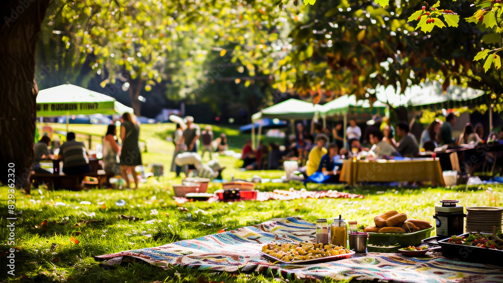 Obraz premium A vibrant outdoor picnic in a sunny park, showing people enjoying food, relaxation, and socializing on a warm summer day.