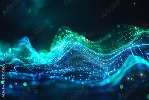 Vibrant electric blue and neon green in a dynamic particle line wave abstract.