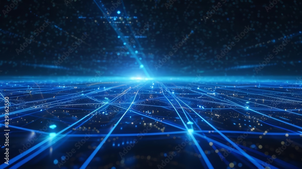 A futuristic digital landscape with a glowing blue light at the horizon, surrounded by interconnected lines and nodes Closeup A futuristic digital landscape with a glowing blue light at the horizon, surrounded by interconnected lines and nodes Closeup