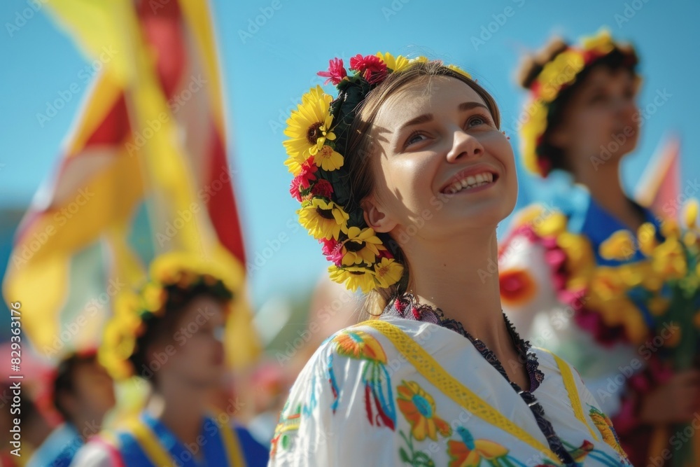 A beaming young woman in traditional Ukrainian attire, adorned with a floral wreath, participates joyfully in an Independence Day parade.