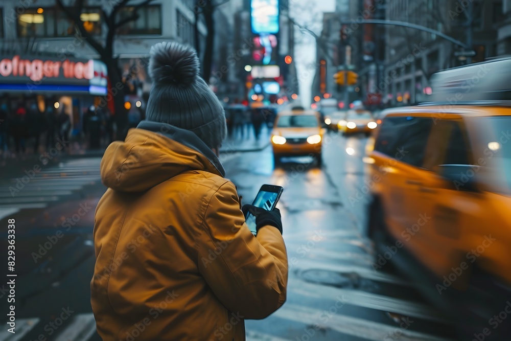 Obraz premium Busy City Street with Commuter Using Smartphone on Rainy Night