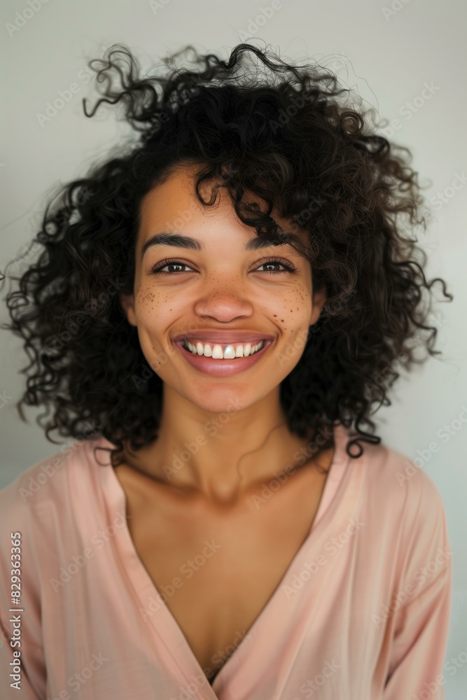woman with curly hair smiling, wearing a light pink shirt, light grey background. woman with curly hair smiling, wearing a light pink shirt, light grey background.