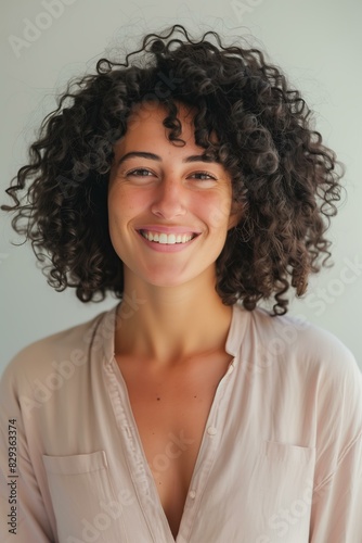 woman with curly hair smiling  wearing a light pink shirt  light grey background.
