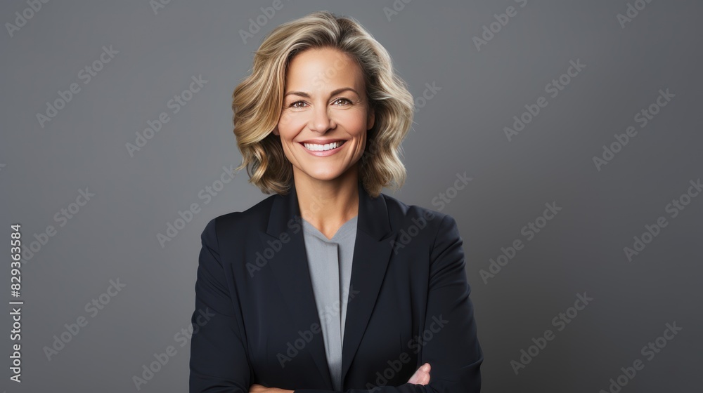 a confident middle-aged businesswoman in a tailored suit, smiling a confident middle-aged businesswoman in a tailored suit, smiling