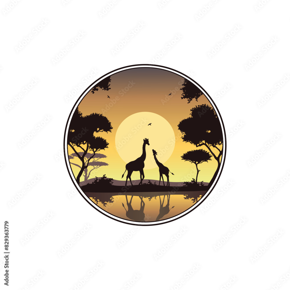 African landscape with giraffes on a yellow sunset vector silhouette. african landscape in round shape vector silhouette
African landscape with giraffes on a yellow sunset vector silhouette. african landscape in round shape vector silhouette