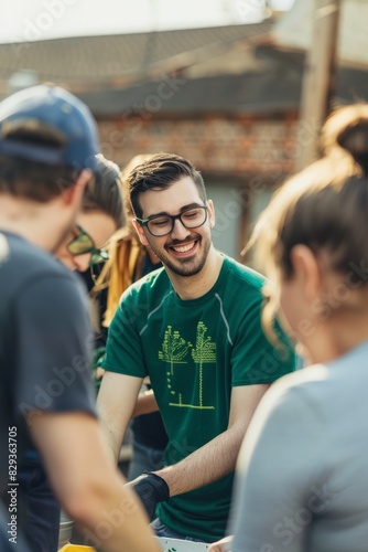 Professional Photography of a group of coworkers volunteering at a local charity or community service project after work, bonding over, Generative AI