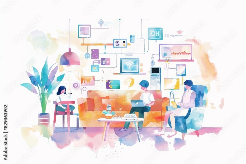 A kawaii watercolor of a family using electronics, interacting with smart home devices in a futuristic, techsavvy living room, Clipart isolated on white A kawaii watercolor of a family using electronics, interacting with smart home devices in a futuristic, techsavvy living room, Clipart isolated on white