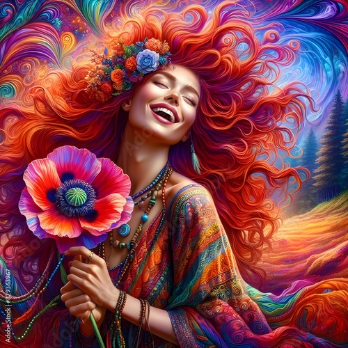 A lively and stunning illustration of a free-spirited woman.
 photo