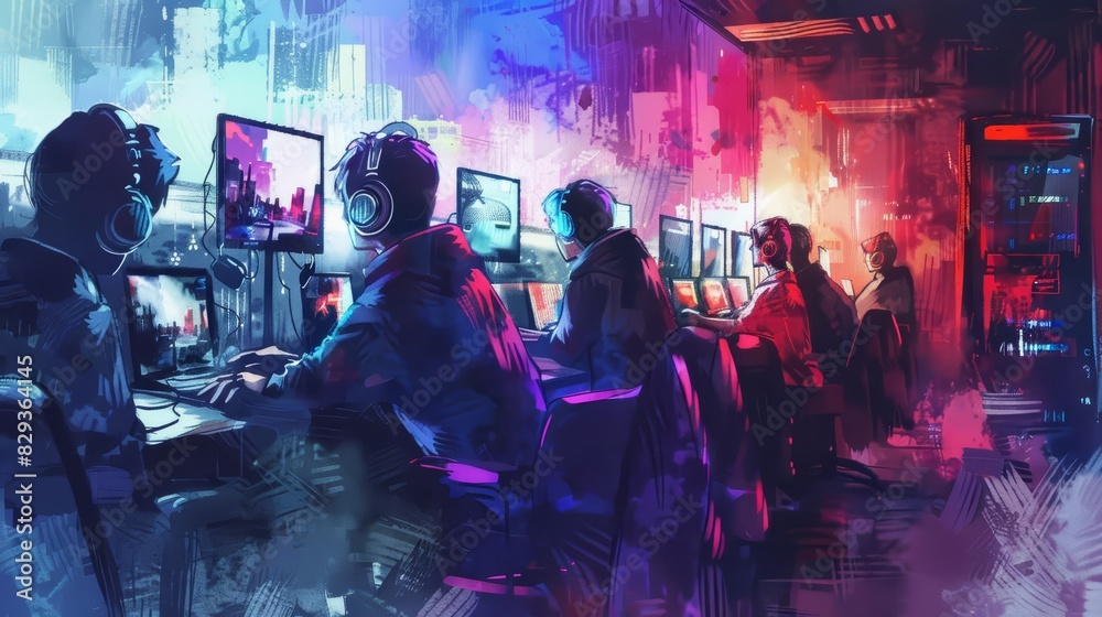Obraz premium A kawaii watercolor of gamers, intensely focused on their screens in a vibrant, neonlit gaming room, Clipart isolated on white