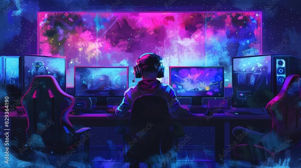 A kawaii watercolor of gamers, intensely focused on their screens in a vibrant, neonlit gaming room, Clipart isolated on white A kawaii watercolor of gamers, intensely focused on their screens in a vibrant, neonlit gaming room, Clipart isolated on white