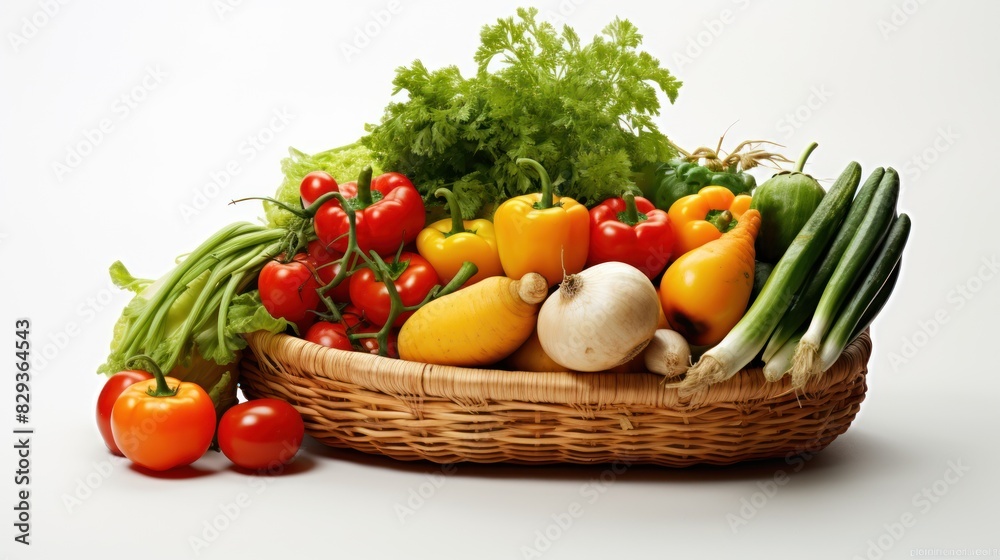 collection of fresh vegetables nestled in a wicker trug on a white background collection of fresh vegetables nestled in a wicker trug on a white background