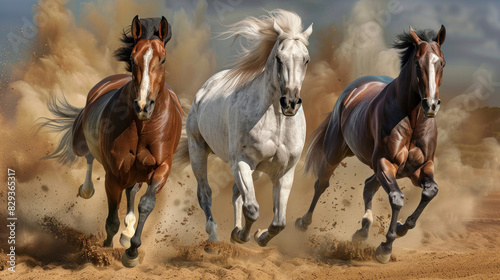Thoroughbred horses gallop with grace and power, racing neck and neck in the exhilarating competition. © Wararat