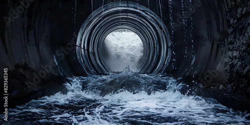 A tunnel with water flowing through it, the water appears blue and is splashing against the inside of the tunnel photo