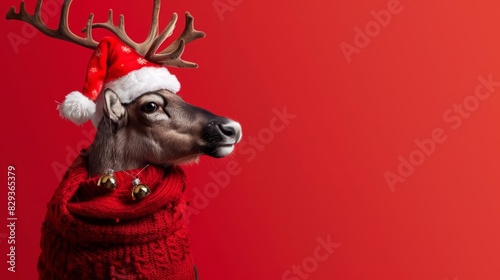 A reindeer in a festive Santa outfit, complete with a red hat and bells, against a solid red background with copy space
