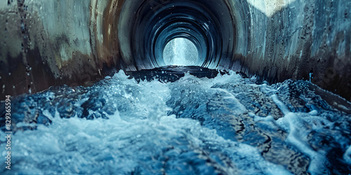 A tunnel with water flowing through it, the water appears blue and is splashing against the inside of the tunnel photo