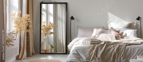 Minimalist black metal floor mirror in a contemporary bedroom with natural light and neutral decor  providing a stylish and functional accent