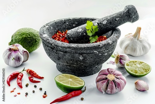 A traditional stone mortar and pestle with ingredients like garlic, shallots, chilies, and lime arranged around it on a white background Closeup photo