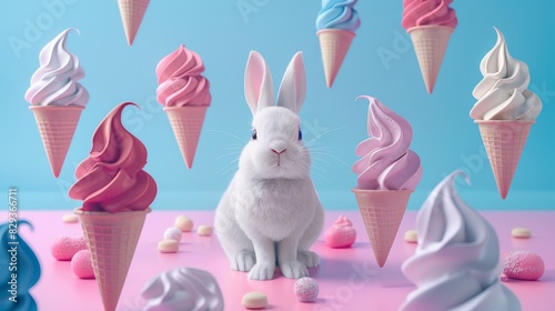 A whimsical scene emerges as a levitating rabbit is encircled by floating sushi against a pastel backdrop