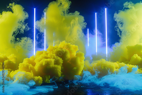 Vibrant yellow and royal blue neon smoke, creating an energetic and regal backdrop.