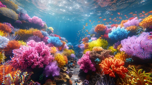 A scenic underwater view featuring colorful coral reefs and diverse fish  highlighting the beauty of marine ecosystems for World Oceans Day List of Art Media 3D render