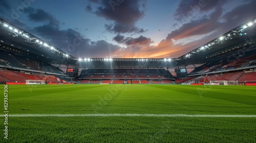 An empty soccer field inside a modern stadium under a cloudy sky  with bright stadium lights
