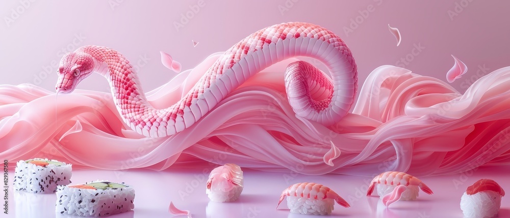 A mesmerizing scene of a snake levitating amidst radiant bubbles on a soft pastel backdrop A mesmerizing scene of a snake levitating amidst radiant bubbles on a soft pastel backdrop