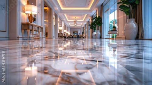 Expansive marble floors reflecting soft ambient lighting