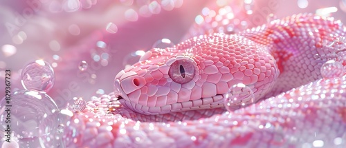 A levitating snake surrounded by floating glowing bubbles on a pastel color background