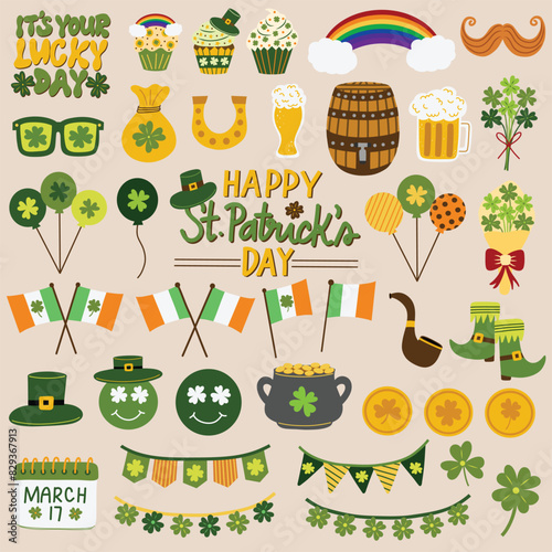 St. Patrick's Day elements set. Balloons, clover leaves, Ireland, Irish flags, leprechaun boots, lucky day, pot of gold coins, rainbow, shamrock. Hand drawn vector illustrations.