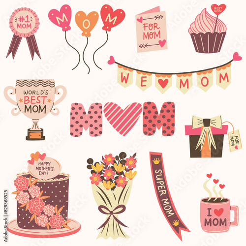 Mother's Day elements set. World's best mom trophy, number 1 mom award, balloons, greeting card, celebratory cake, flower bouquet. Hand drawn vector illustrations.