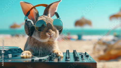 Fototapeta Naklejka Na Ścianę i Meble -  Adorable Bunny DJ Wearing Round Sunglasses And Headphones At The Beach