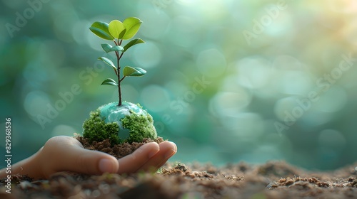 A hand holding a small plant sapling with the earth in the background, symbolizing growth and care for the planet on World Environment Day List of Art Media vector illustration photo