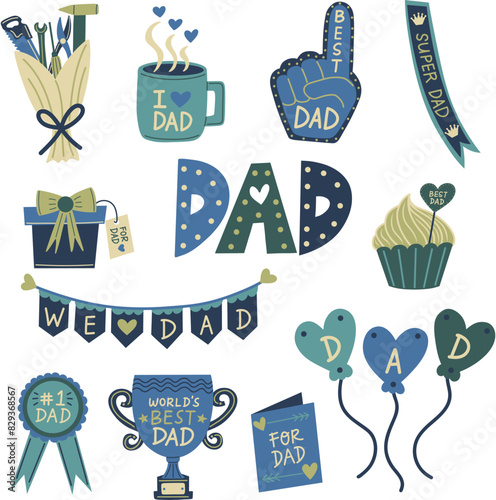 Father's Day elements set. World's best dad trophy, number 1 dad award, balloons, greeting card, bouquet of tools, super dad sash. Hand drawn vector illustrations.