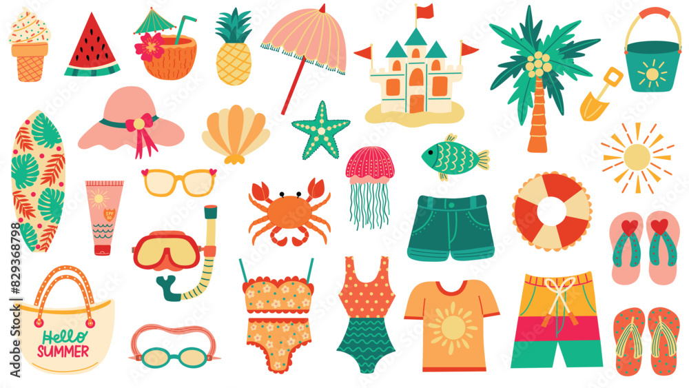 Summer beach party elements set. Pool party summer vacation essentials. Swimwear, flip flops, tropical treats, sea creatures, summer fashion. Hand drawn vector illustrations.
