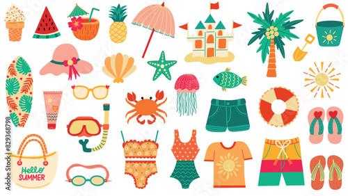 Summer beach party elements set. Pool party summer vacation essentials. Swimwear, flip flops, tropical treats, sea creatures, summer fashion. Hand drawn vector illustrations.