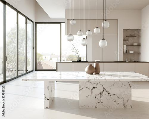 Minimalist white marble dining table in a contemporary dining room with large windows and neutral decor  creating a clean and elegant look
