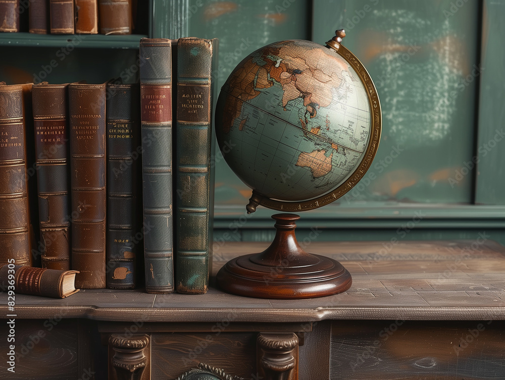 Old geographical globe and old book in cabinet with bookself. History and geography concept. Old geographical globe and old book in cabinet with bookself. History and geography concept.