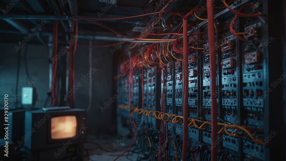 Dimly Lit Server Room with Tangled Network Cables and a Vintage Monitor Display Dimly Lit Server Room with Tangled Network Cables and a Vintage Monitor Display