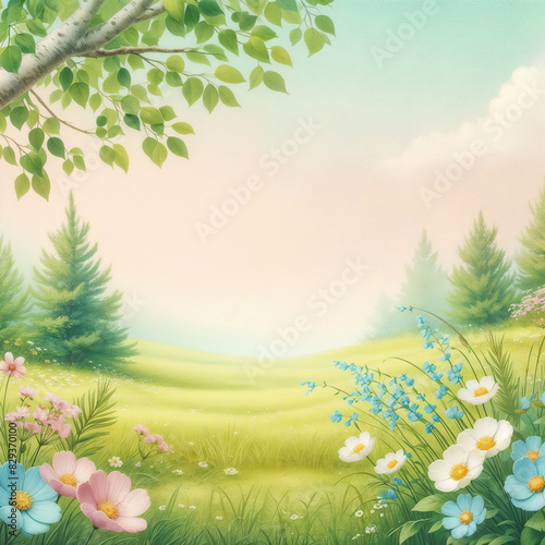 Landscape with flowers and grass. AI
