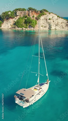 Aerial shot of moored yacht boat at Gidaki beach with turquoise sea water in Itaca, Greece. Amazing sea water of the Ithaki island, Kefalonia, Ionian sea. Sailing boat in paradise looking scenery photo