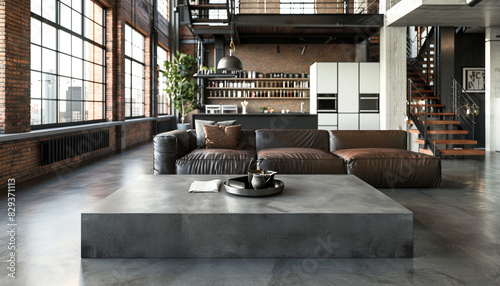 Modern gray concrete coffee table in an industrialstyle loft with an open floor plan and minimalist decor, perfect for contemporary living spaces photo