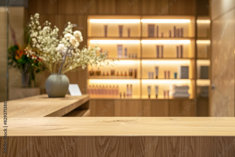 Fototapeta premium A wooden reception desk in the foreground with a blurred background of a high-end spa. The background features elegant decor, comfortable seating, shelves with beauty products, and calming ambient