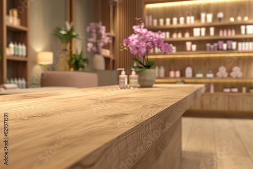 A wooden reception desk in the foreground with a blurred background of a high-end spa. The background features elegant decor, comfortable seating, shelves with beauty products, and calming ambient