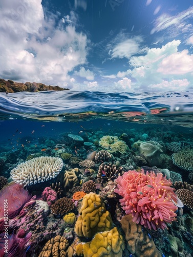 A stunning underwater shot of colorful coral reefs teeming with marine life  highlighting the beauty of the ocean