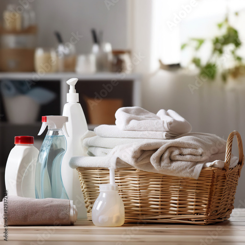 A basket full of white towels and a bottle of Windex. Generated by AI photo