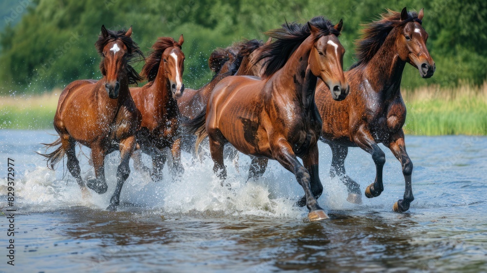 Four horses are running in a river Four horses are running in a river