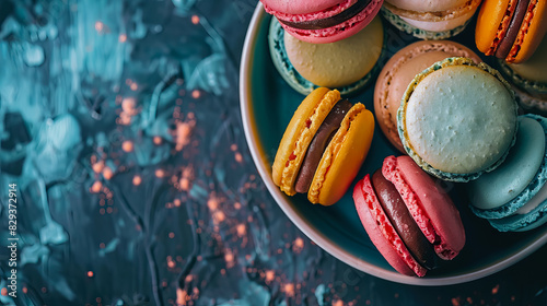 Plate with stack of sweet macaroons on the dark table with copy space. photo