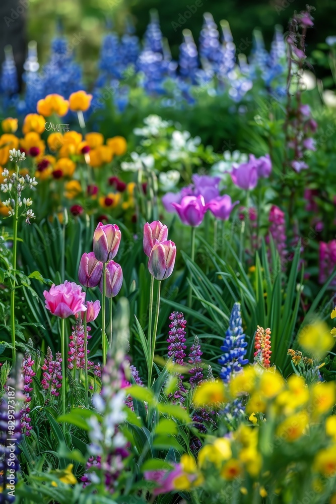 A vibrant spring garden in full bloom with a variety of flowers and lush greenery, capturing the beauty of nature A vibrant spring garden in full bloom with a variety of flowers and lush greenery, capturing the beauty of nature