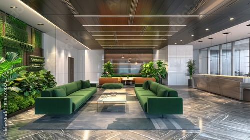 Smart Corporate Lounge with AI-Optimized Lighting  Emerald Green Sofas  Sustainability Focus 