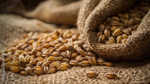 Close up of malt grains on sacking background representing food and agriculture